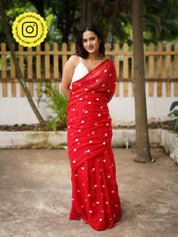 Ethnic Elements - Red Mul Cotton Heart Embroidered Saree