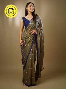 Ethnic Elements - Olive Green Mul Cotton Embroidered Saree