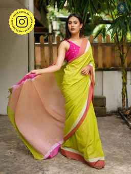 Ethnic Elements - Bottle Green Solid Mul Cotton Saree