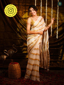 Ethnic Elements - Ivory Gold Zari Striped Mul Cotton Saree