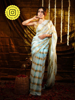 Ethnic Elements - Ice Blue Gold Zari Striped Mul Cotton Saree