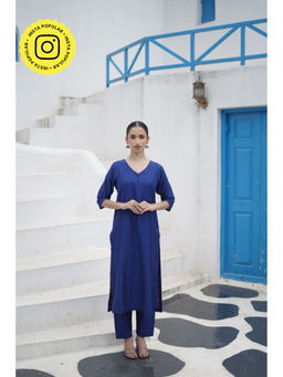 Ethnic Elements - Royal Blue Cotton Silk Kurta Pant Set for Women (Set of 2)