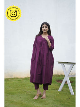 Ethnic Elements - Purple Cotton Silk Anarkali Kurta with Pant Set (Set of 2)