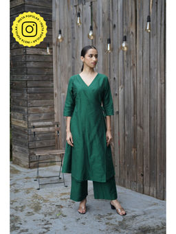 Ethnic Elements - Bottle Green Cotton Silk Angrakha Kurta Pant Set for Women (Set of 2)