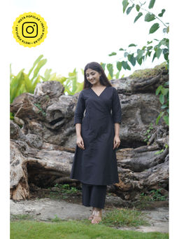 Ethnic Elements - Cotton Silk Angrakha Kurta with Pant -Soot Black (Set of 2)