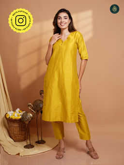 Ethnic Elements - Cotton Silk Kurta with Pant - Bumblebee Yellow (Set of 2)