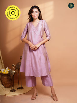 Ethnic Elements - Cotton Silk Angrakha Kurta with Pant - Lavender (Set of 2)