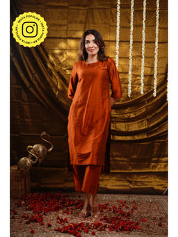 Ethnic Elements - Cotton Silk Kurta with Pant - Brown (Set of 2)