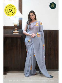 Ethnic Elements - Grey Hand Painted Mul Cotton Saree