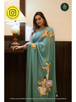 Ethnic Elements - Aqua Blue Hand Painted Mul Cotton Saree
