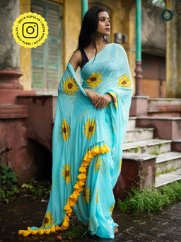 Ethnic Elements - Baby Blue Hand Painted Mul Cotton Saree