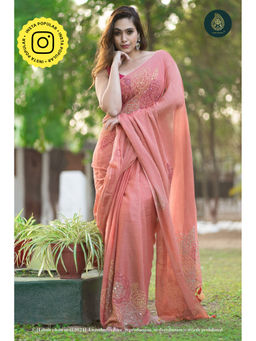 Ethnic Elements - Peach Kantha Embroidered Mul Cotton Saree