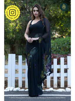 Ethnic Elements - Black Kantha Embroidered Mul Cotton Saree