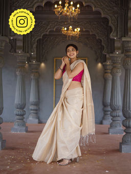 Ethnic Elements - Off White Mul Cotton Tissue Saree