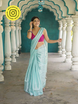 Ethnic Elements - Aqua Green Mul Cotton Tissue Saree