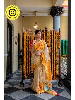 Ethnic Elements - Multicolor Hand Painted Mul Cotton Saree