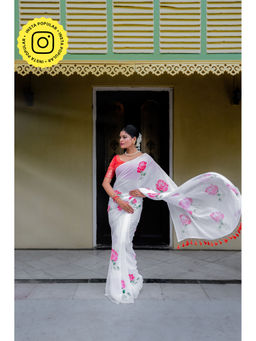 Ethnic Elements - White Hand Painted Mul Cotton Saree