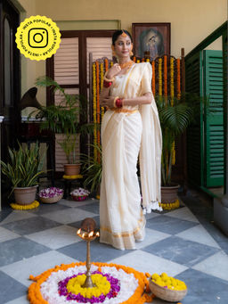 Ethnic Elements - Swarna Vella Mul Cotton Gold Zari Border Saree without Blouse Piece