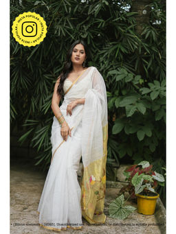 Ethnic Elements - White Handwoven Muslin Jamdani Saree Without Blouse