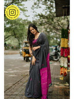 Ethnic Elements - Grey Mul Cotton Kardana Hand Embroidered Saree Without Blouse
