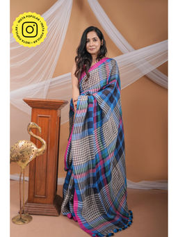 Ethnic Elements - Blue Handwoven Linen Jamdani Saree Without Blouse