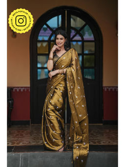 Ethnic Elements - Gold Mul Cotton Tissue Shiuli Saree Without Blouse