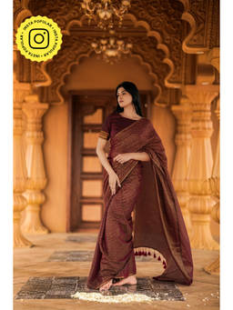 Ethnic Elements - Burgundy Mul Cotton Handwork Mirror Saree Without Blouse
