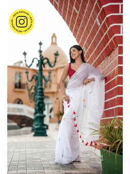 Ethnic Elements - White Mul Cotton Polka Dots Saree Without Blouse