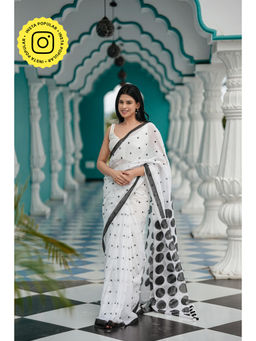 Ethnic Elements - White Mul Cotton Polka Dots Saree Without Blouse