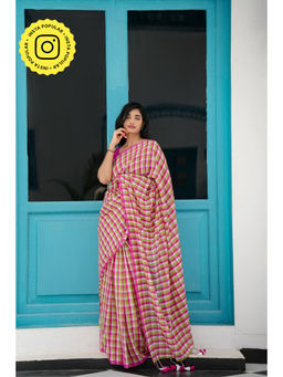 Ethnic Elements - Pink Mul Cotton Checked Saree Without Blouse