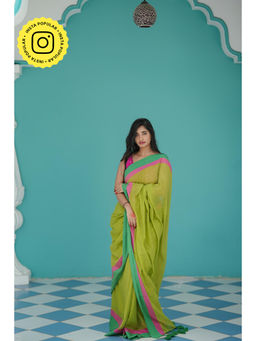 Ethnic Elements - Green Mul Cotton Polka Dots Saree Without Blouse