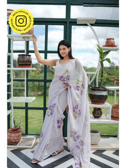 Ethnic Elements - White Mul Cotton Saree Without Blouse