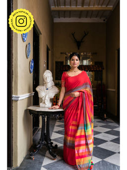 Ethnic Elements - Women Red Mul Cotton Saree Without Blouse