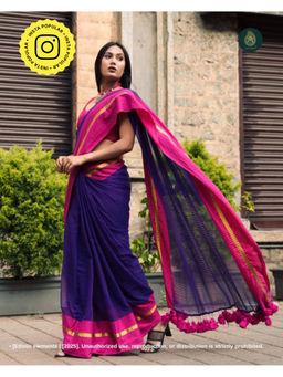 Ethnic Elements - Women Navy Blue Mul Cotton Saree Without Blouse