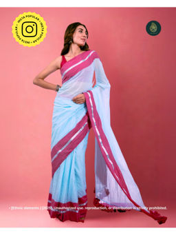 Ethnic Elements - Women Blue Mul Cotton Saree Without Blouse