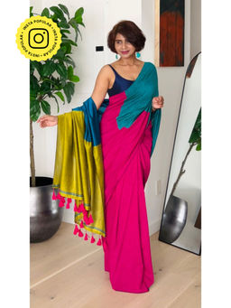 Ethnic Elements - Women Pink Cotton Saree with Unstitched Blouse