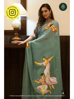 Ethnic Elements - Women Green Mul Cotton Saree Without Blouse