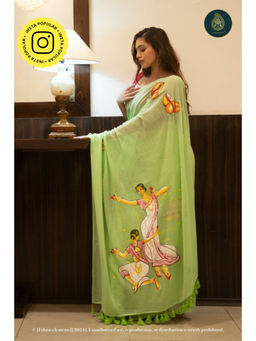 Ethnic Elements - Women Green Mul Cotton Saree Without Blouse