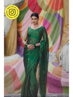 Ethnic Elements - Women Green Cotton Saree Without Blouse