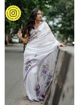 Ethnic Elements - Women Ivory Mul Cotton Saree Without Blouse