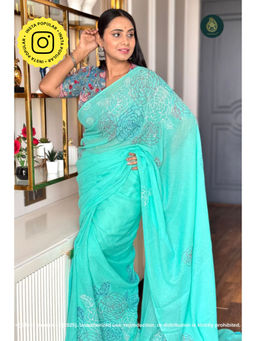 Ethnic Elements - Women Green Mul Cotton Saree Without Blouse