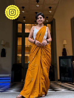 Ethnic Elements - Women Mustard Mul Cotton Saree Without Blouse