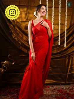 Ethnic Elements - Women Red Mul Cotton Saree Without Blouse