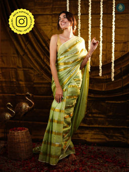 Ethnic Elements - Women Green Mul Cotton Saree Without Blouse