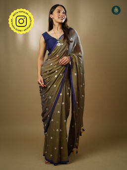 Ethnic Elements - Women Olive Mul Cotton Saree Without Blouse