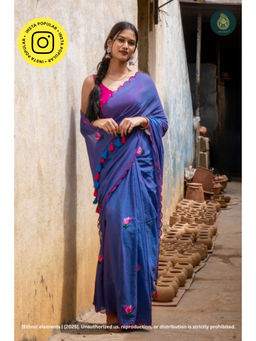 Ethnic Elements - Women Blue Mul Cotton Saree Without Blouse