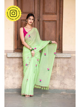 Ethnic Elements - Women Green Mul Cotton Saree Without Blouse