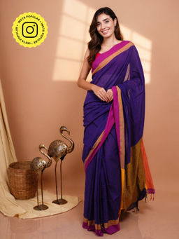 Ethnic Elements - Women Purple Mul Cotton Saree Without Blouse