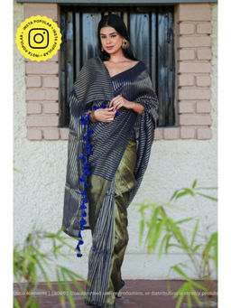 Ethnic Elements - Women Olive Mul Cotton Saree Without Blouse