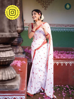 Ethnic Elements - Women White Mul Cotton Saree with Unstitched Blouse